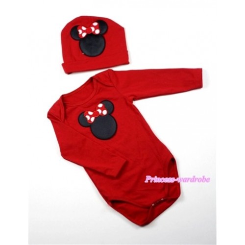 Hot Red Long Sleeve Baby Jumpsuit with Minnie Print with Cap Set LS51 