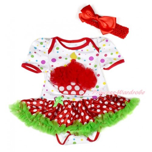 White Rainbow Dots Baby Jumpsuit Dark Green Minnie Dots Pettiskirt With Red Rosettes Minnie Dots Birthday Cake Print With Red Headband Red Silk Bow JS1918 