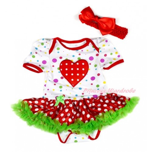 White Rainbow Dots Baby Jumpsuit Dark Green Minnie Dots Pettiskirt With Red White Dots Heart Print With Red Headband Red Silk Bow JS1919 