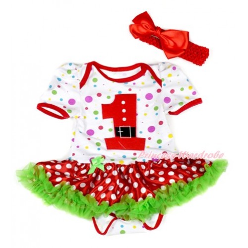 Xmas White Rainbow Dots Baby Jumpsuit Dark Green Minnie Dots Pettiskirt With 1st Santa Claus Birthday Number Print With Red Headband Red Silk Bow JS1920 