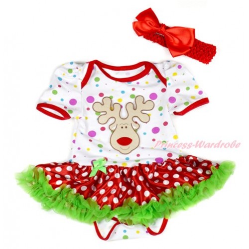 Xmas White Rainbow Dots Baby Jumpsuit Dark Green Minnie Dots Pettiskirt With Christmas Reindeer Print With Red Headband Red Silk Bow JS1921 
