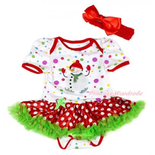 Xmas White Rainbow Dots Baby Jumpsuit Dark Green Minnie Dots Pettiskirt With Ice-Skating Snowman Print With Red Headband Red Silk Bow JS1922 