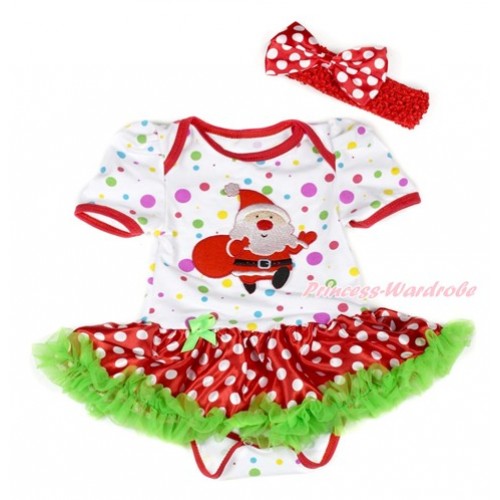 Xmas White Rainbow Dots Baby Jumpsuit Dark Green Minnie Dots Pettiskirt With Gift Bag Santa Claus Print With Red Headband Minnie Dots Satin Bow JS1923 