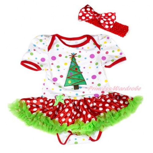 Xmas White Rainbow Dots Baby Jumpsuit Dark Green Minnie Dots Pettiskirt With Christmas Tree Print With Red Headband Minnie Dots Satin Bow JS1926 