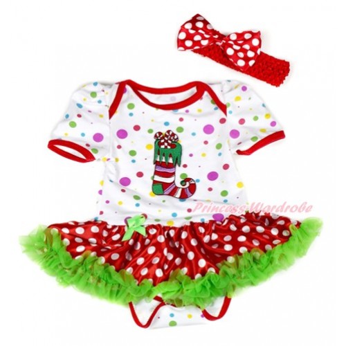 Xmas White Rainbow Dots Baby Jumpsuit Dark Green Minnie Dots Pettiskirt With Christmas Stocking Print With Red Headband Minnie Dots Satin Bow JS1927 