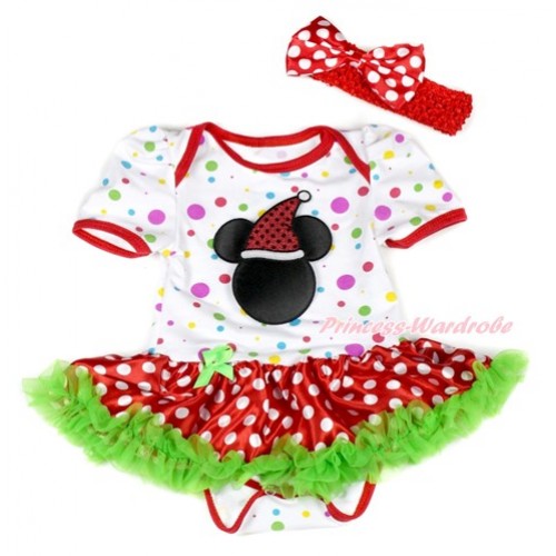 Xmas White Rainbow Dots Baby Jumpsuit Dark Green Minnie Dots Pettiskirt With Christmas Minnie Print With Red Headband Minnie Dots Satin Bow JS1928 