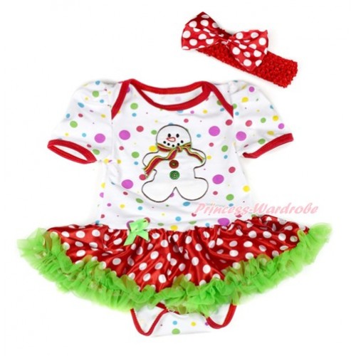 Xmas White Rainbow Dots Baby Jumpsuit Dark Green Minnie Dots Pettiskirt With Christmas Gingerbread Snowman Print With Red Headband Minnie Dots Satin Bow JS1929 
