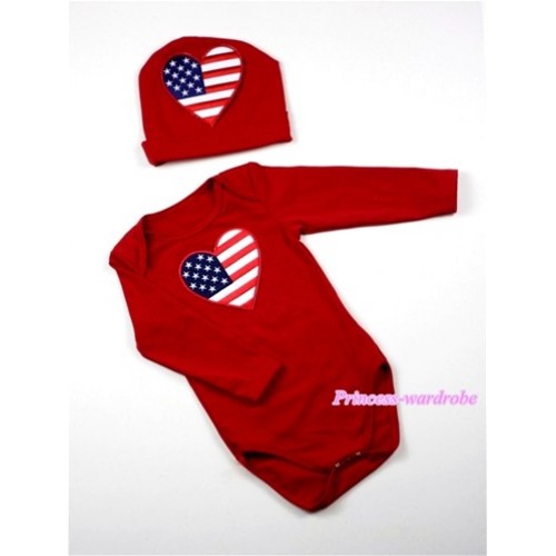 Hot Red Long Sleeve Baby Jumpsuit with America Flag Heart Print with Cap Set LS54 