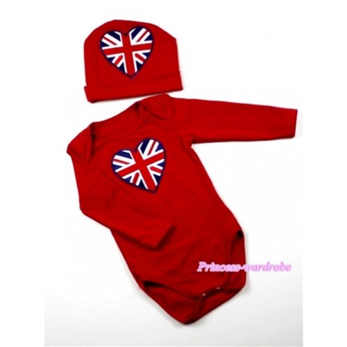 Hot Red Long Sleeve Baby Jumpsuit with British Flag Heart Print with Cap Set LS57 