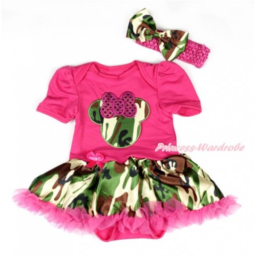 Hot Pink Baby Bodysuit Jumpsuit Hot Pink Camouflage Pettiskirt With Sparkle Hot Pink Camouflage Minnie Print With Hot Pink Headband Camouflage Satin Bow JS1935 