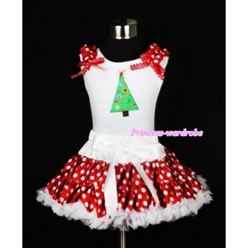 White Tank Top with Christmas Tree Print with Minnie Dots Ruffles Minnie Dots Ribbon & White Minnie Polka Dots Pettiskirt MG304 