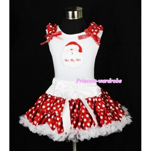 White Tank Top with Santa Claus Print with Minnie Dots Ruffles Minnie Dots Ribbon & White Minnie Polka Dots Pettiskirt MG305 
