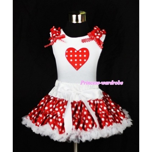 White Tank Top with Red White Polka Dots Heart Print with Minnie Dots Ruffles& Minnie Dots Bow & White Minnie Polka Dots Pettiskirt MG303 