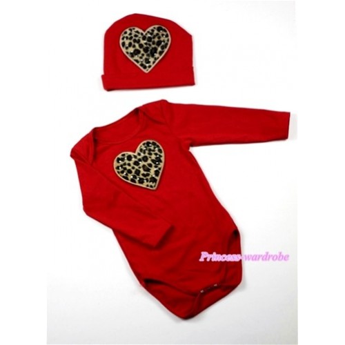 Hot Red Long Sleeve Baby Jumpsuit with Leopard Heart Print with Cap Set LS61 
