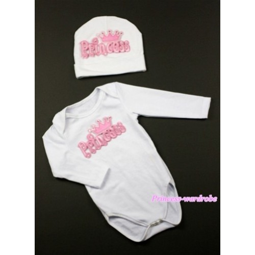 White Long Sleeve Baby Jumpsuit with Princess Print with Cap Set LS68 