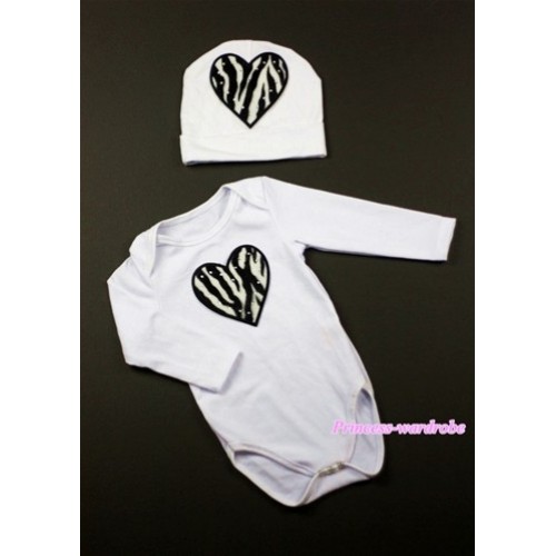White Long Sleeve Baby Jumpsuit with Zebra Heart Print with Cap Set LS69 