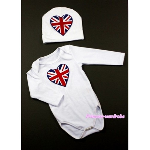 White Long Sleeve Baby Jumpsuit with British Flag Heart Print with Cap Set LS74 