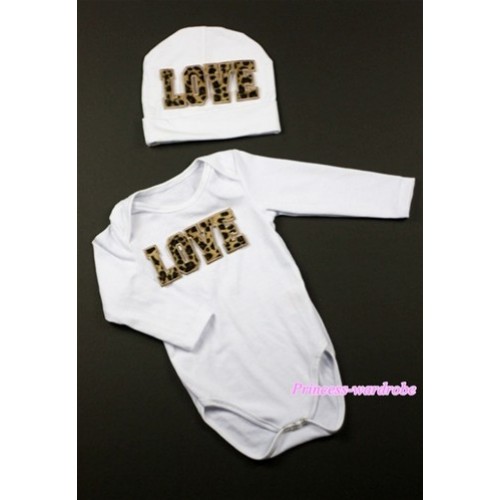 White Long Sleeve Baby Jumpsuit with Leopard Love Print with Cap Set LS75 