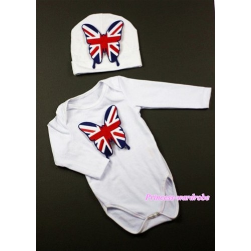White Long Sleeve Baby Jumpsuit with British Flag Butterfly Print with Cap Set LS76 
