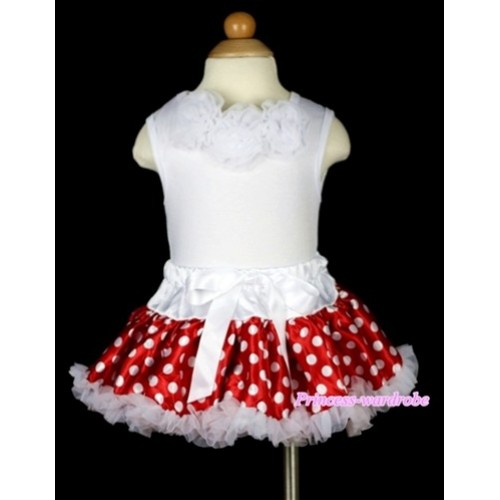 White Baby Pettitop with White Rosettes with White Minnie Polka Dots Newborn Pettiskirt NG541 