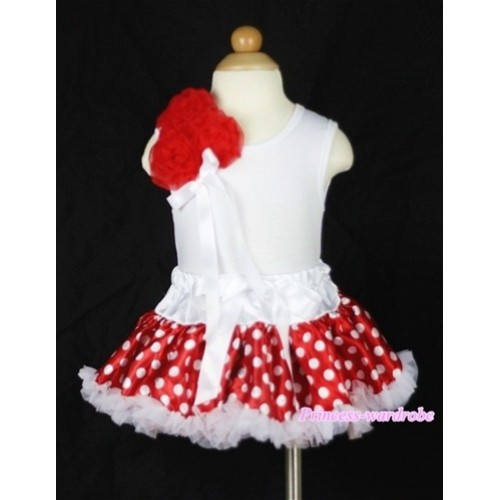 White Baby Pettitop & Bunch of Red Rosettes & White Ribbon with White Minnie Polka Dots Newborn Pettiskirt NG417 