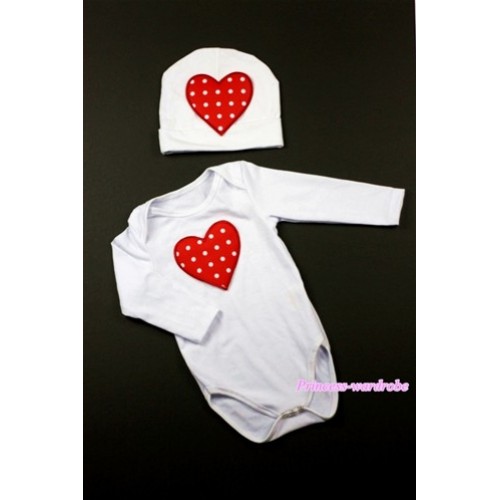 White Long Sleeve Baby Jumpsuit with Red White Polka Dots Heart Print with Cap Set LS78 