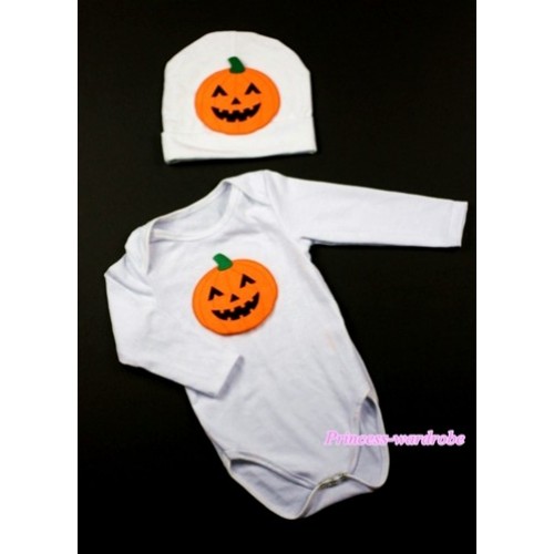 White Baby Long Sleeve Jumpsuit with Pumpkin Print with Cap Set LS79 