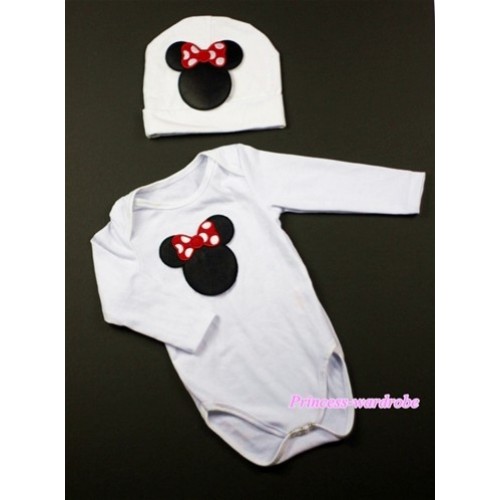 White Long Sleeve Baby Jumpsuit with Minnie Print with Cap Set LS80 