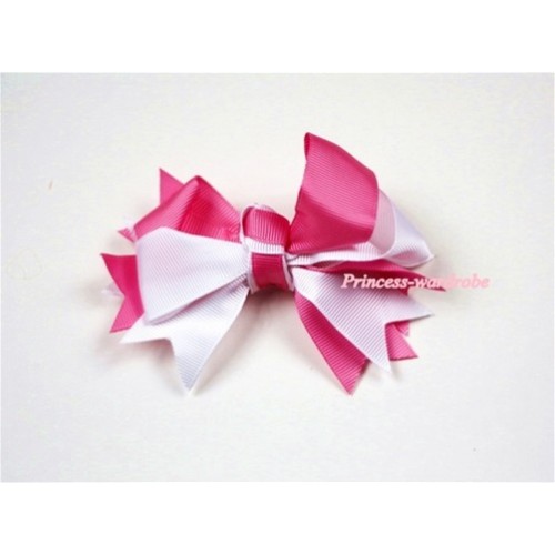 Hot Pink White Screwed Ribbon Bow Hair Clip H401 