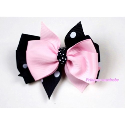 Light Pink & Black White Polka Dots Ribbon Bow Hair Clip H406 