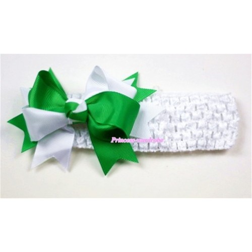 White Headband with Green White Ribbon Hair Bow Clip H409 