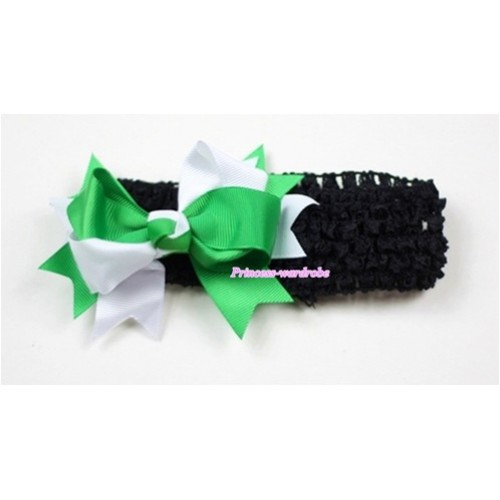Black Headband with Green White Ribbon Hair Bow Clip H410 