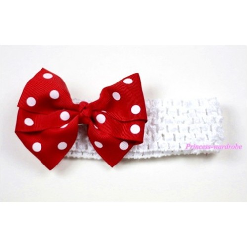 White Headband with Red White Polka Dots Ribbon Hair Bow Clip H417 