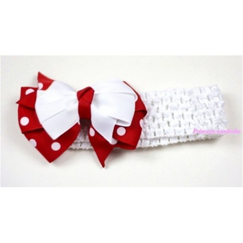 White Headband with Red White Polka Dots mix White Ribbon Hair Bow Clip H425 