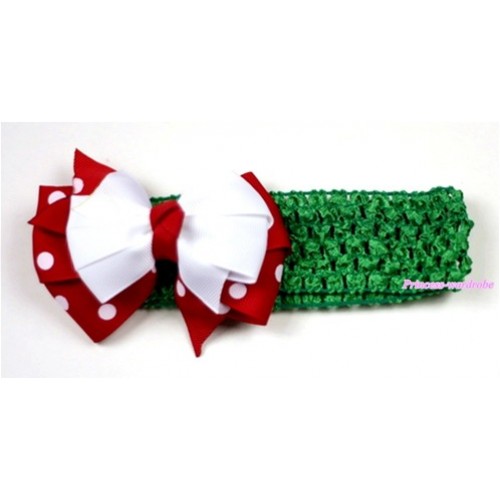 Green Headband with Red White Polka Dots mix White Ribbon Hair Bow Clip H426 