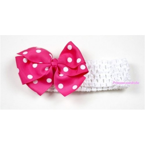 White Headband with Hot Pink White Polka Dots Ribbon Hair Bow Clip H429 