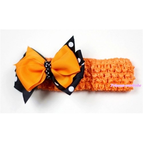 Orange Headband with Black White Polka Dots mix Orange Ribbon Hair Bow Clip H437 