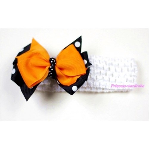 White Headband with Black White Polka Dots mix Orange Ribbon Hair Bow Clip H439 