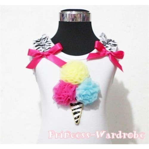 Yellow Hot Pink Light Blue Ice Cream White Tank Top with Zebra Ruffles and Hot Pink Ribbon TB118 