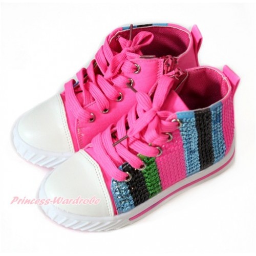 Hot Pink Blue Green Black Striped Sparkle Sequin Canvas Flat Ankle Boot Sneaker A-6Hotpink 