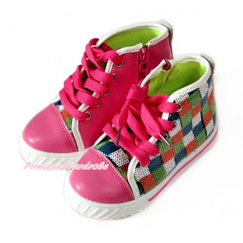 Hot Pink Blue Green White Orange Checked Sparkle Sequin Canvas Flat Ankle Boot Sneaker A-8Hotpink 