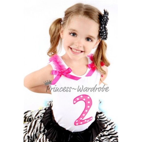2nd Birthday White Tank Top with Hot Pink White Polka Dots Print number with Hot Pink Ribbon and ruffles TM48 