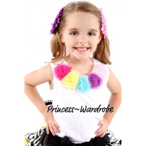 White Tank Tops with Rainbow Colorful Rosettes T08 