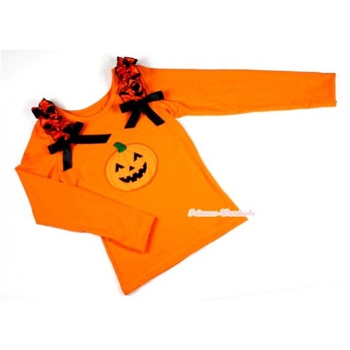 Halloween Pumpkin Print Orange Long Sleeves Top with Orange Black Polka Dots Ruffles & Black Bow TO101 