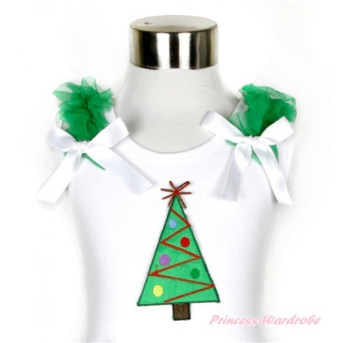Xmas White Tank Top With Christmas Tree Print With Kelly Green Ruffles & White Bow TB540 