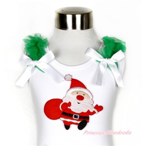 Xmas White Tank Top With Gift Bag Santa Claus Print With Kelly Green Ruffles & White Bow TB542 