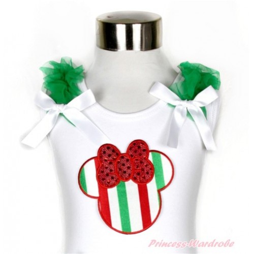 Xmas White Tank Top With Red White Green Striped Minnie Print With Kelly Green Ruffles & White Bow TB543 