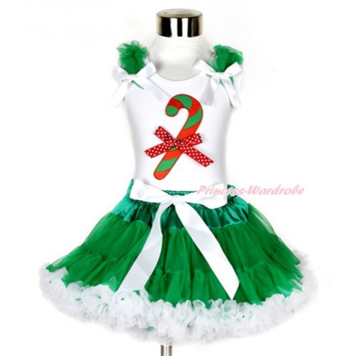 Xmas White Tank Top with Christmas Stick Print & Minnie Dots Bow with Kelly Green Ruffles & White Bow & Kelly Green White Pettiskirt MG810 