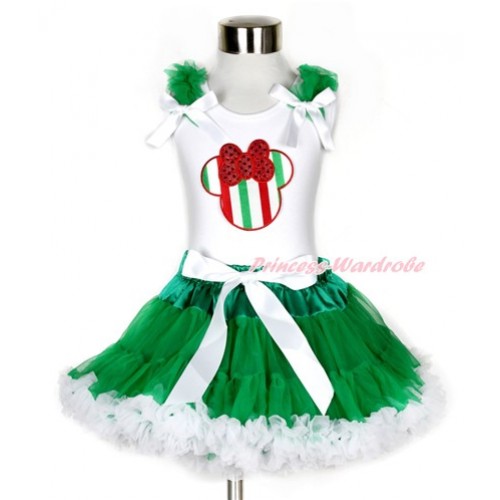 Xmas White Tank Top with Red White Green Striped Minnie Print with Kelly Green Ruffles & White Bow & Kelly Green White Pettiskirt MG814 