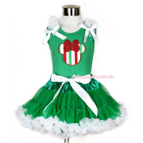 Xmas Kelly Green Tank Top with Red White Green Striped Minnie Print with White Ruffles & White Bow & Kelly Green White Pettiskirt MH125 